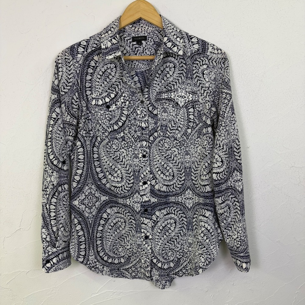 Talbots Paisley Button Up Shirt Women S Navy White Long Sleeve Roll Tab Preppy